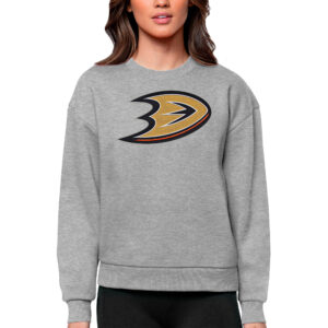 Women's Antigua Heather Gray Anaheim Ducks Primary Logo Team Logo Victory Crewneck Pullover Sweatshirt