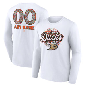 Men's Fanatics Branded White Anaheim Ducks Personalized Name & Number Leopard Print Long Sleeve T-Shirt