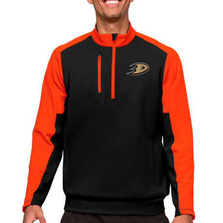 Men's Antigua Black/Orange Anaheim Ducks Quarter-Zip Pullover Top